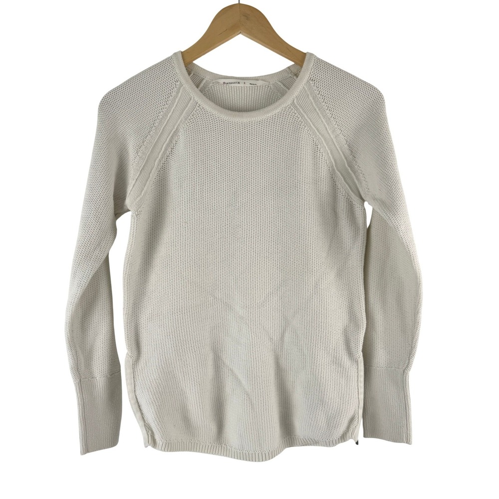 Athleta Cream Chunky Knit Pullover Sweater Womens S White Side‎ Zips accents
